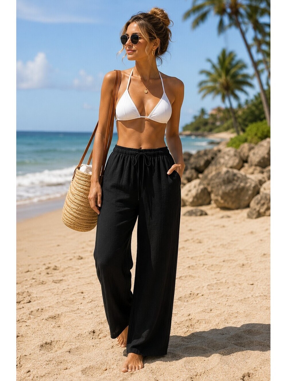 Black Beach Cover-Up Pants Women's M Wide Leg Palazzo